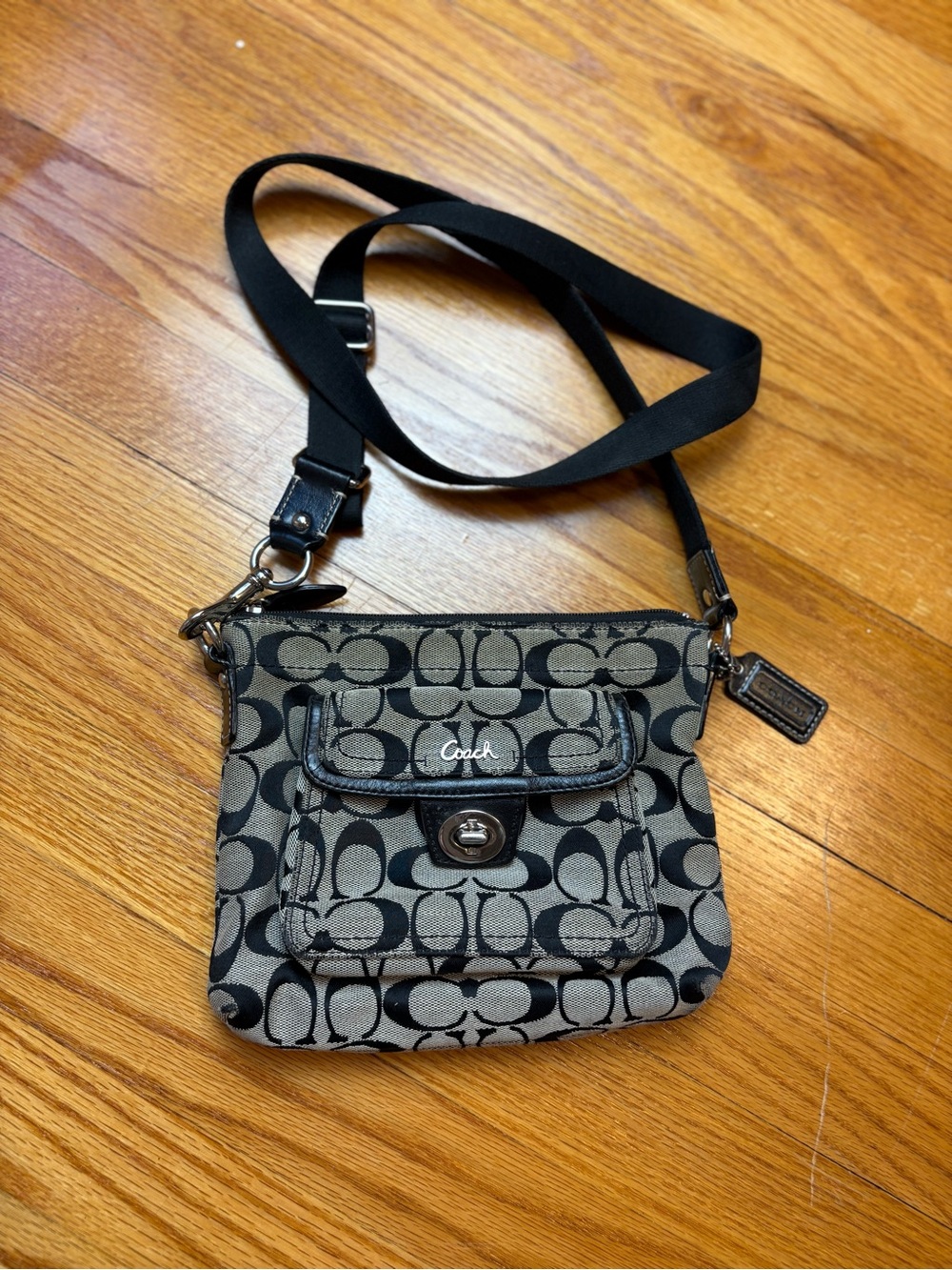 Coach Black and Tan Signature Crossbody with Turn-Lock Pocket